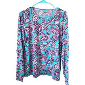 Lands End Womens Paisley Rash Guard Swim Top Size XL Aqua Blue Beach Vacation